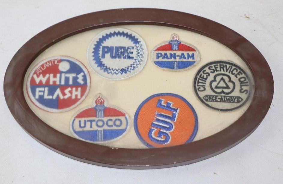 Group of 6 White Flash, Pure, Pan-Am, Gulf, Cities Service And Utoco Gas Station Advertising Patches: 12" x 8"