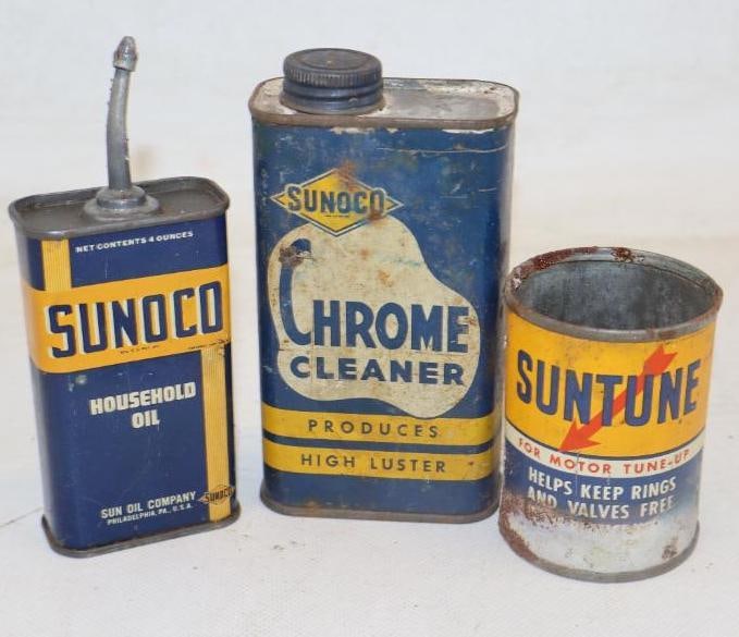 Group of 3 Sunoco Chrome Cleaner Handy Oil And Suntune Oil Cans: 8oz largest