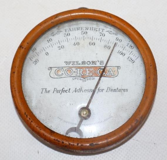 Wilson's Co-Re-Ga Dencier Adhesive Advertising Thermometer: 3.25" diameter