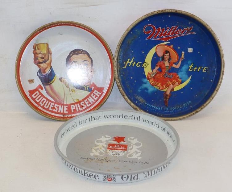 Group of 3 Old Milwaukee, Miller High life Duquesne Advertising Beer Trays: 13" diameter largest