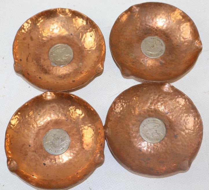 Group of 4 Copper 1924 Chile Advertising Ash Trays: 3.25" diameter each