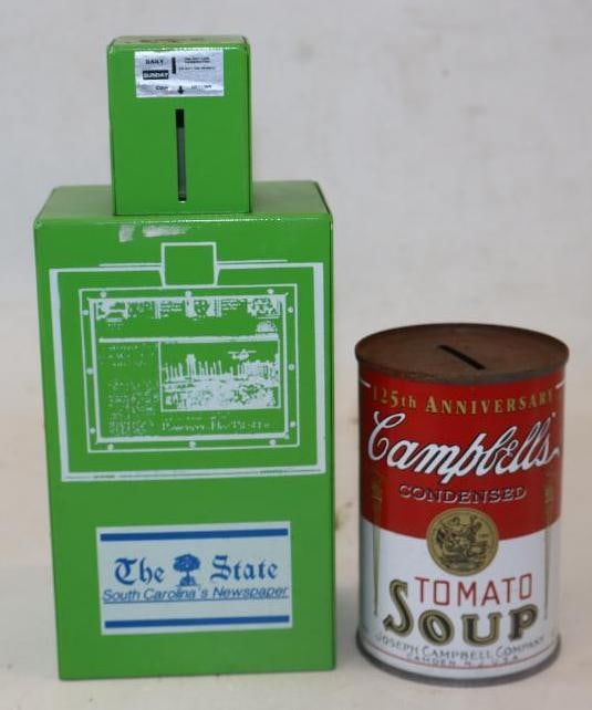 Group of 2 The State Newspaper And Campbell's Tomato Soup Advertising Banks: 3.50" x 2.75" x 8"