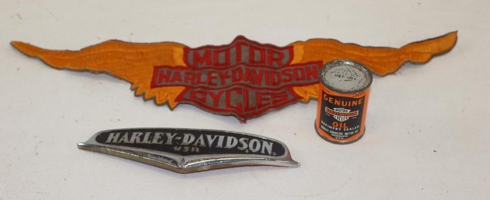 Group of 3 Harley Davidson Coat Patch, Miniature Oil Can And Motorcycle Emblem (1 of 3)