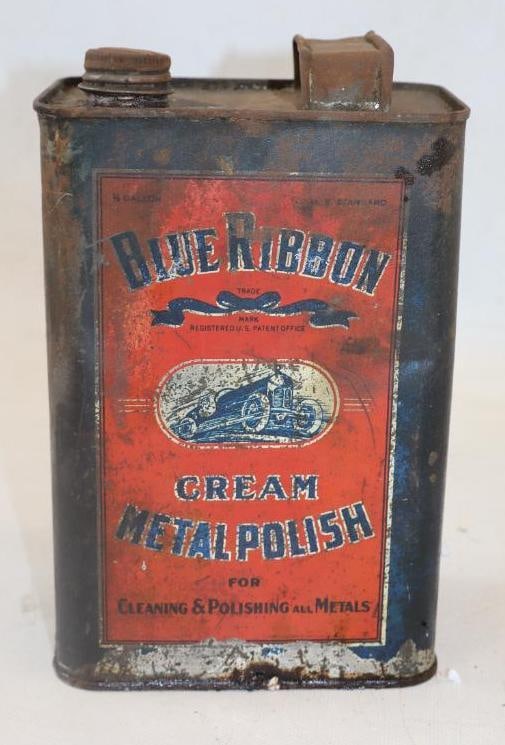 Blue Ribbon Cream Metal Polish w/ Early Car Graphics Advertising Can: 1/2 Gallon