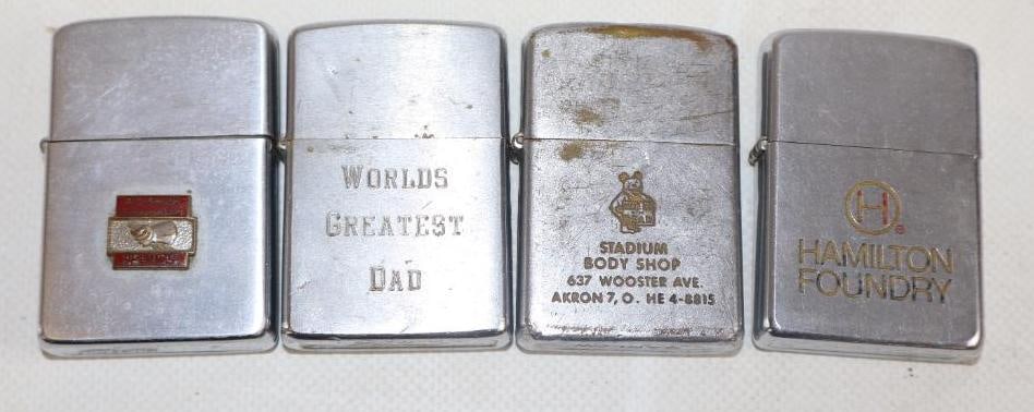 Group of 4 Zippo And Zippo Style Advertising Lighters: 1.50" x 2.25" Stadium Body Shop Market Barlow