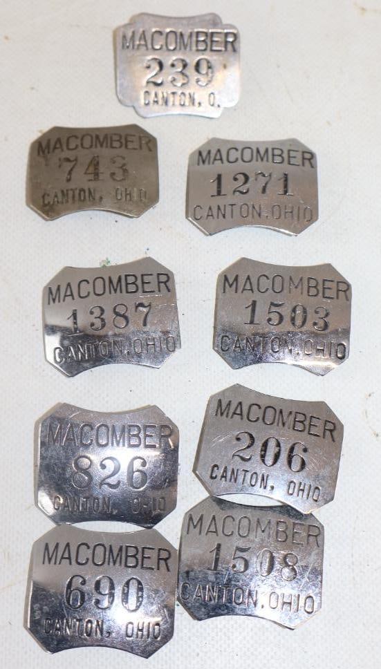 Group of 9 Maconber Steel Joints Company Canton Ohio Employee Badges: 1.50" x 1.50" each