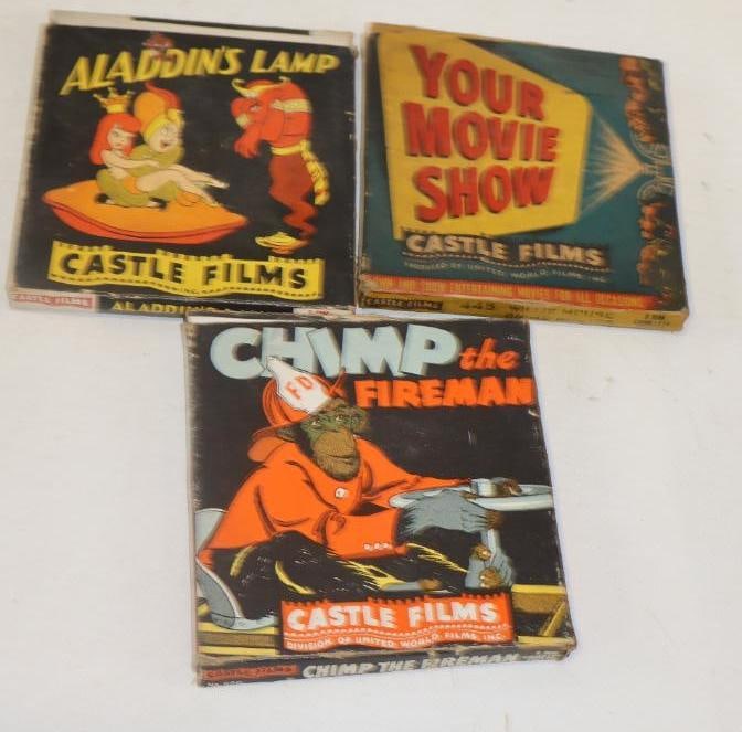 Group of 3 Castle Films Aladdin's Lamp, Chimp The Fire Man And Willie Mouse 8mm Children's Movies: 5" x 5" x.50" each