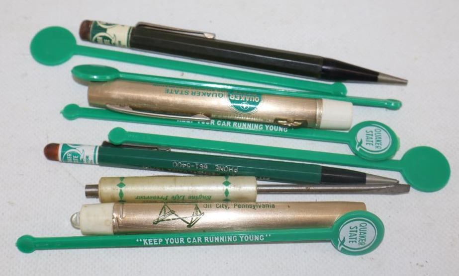 Group of 10 Quaker State Pencils, Flashlights And Stirrers: 5.50" long largest