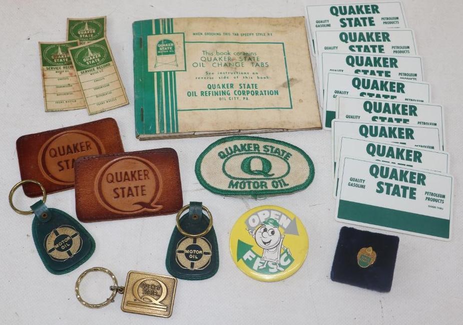 Group of 20 Quaker State Credit Cards, Oil Change Tags, Patches, Key Chains And Pins: 5.50" x 4.25" largest