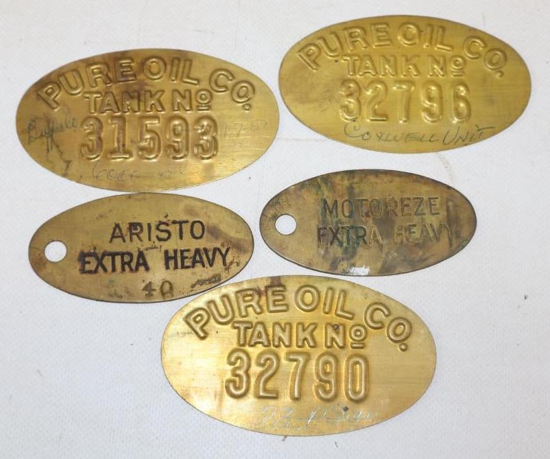 Group of 5 Pure, Aristo And Motoreze Brass Tags: 4" x 2.25" largest