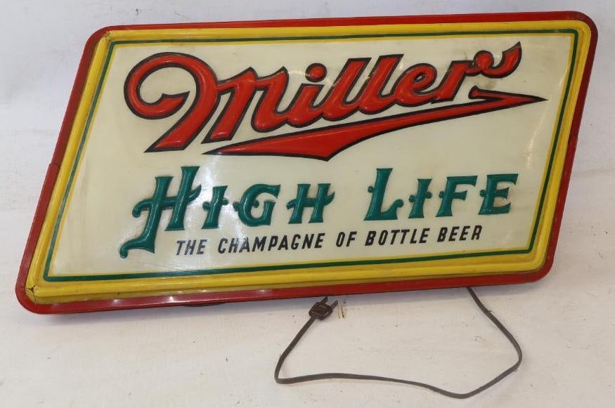 Miller High Life The Champagne of Bottled Beer Advertising Light Up Sign: 23" x 12.50" x 4" missing top left and bottom left corner does not light up