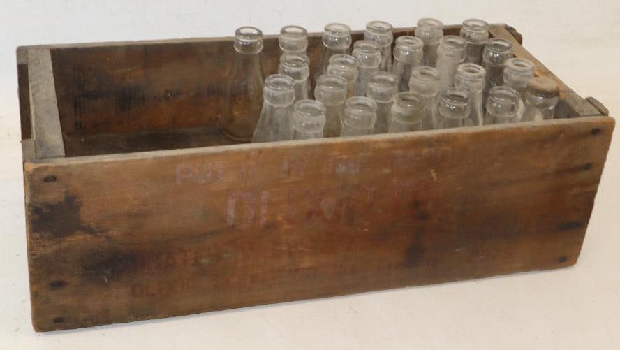 Group of 24 Olixir Top Oil Glass Bottles w/ Original Display Crate: 19.50" x 8.75" x 7"