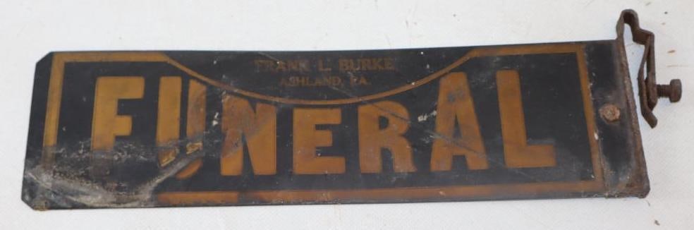 Frank L. Burk Funeral Sign of Ashland PA: 13" x 3.25" double sided Plastic w/ metal bracket
