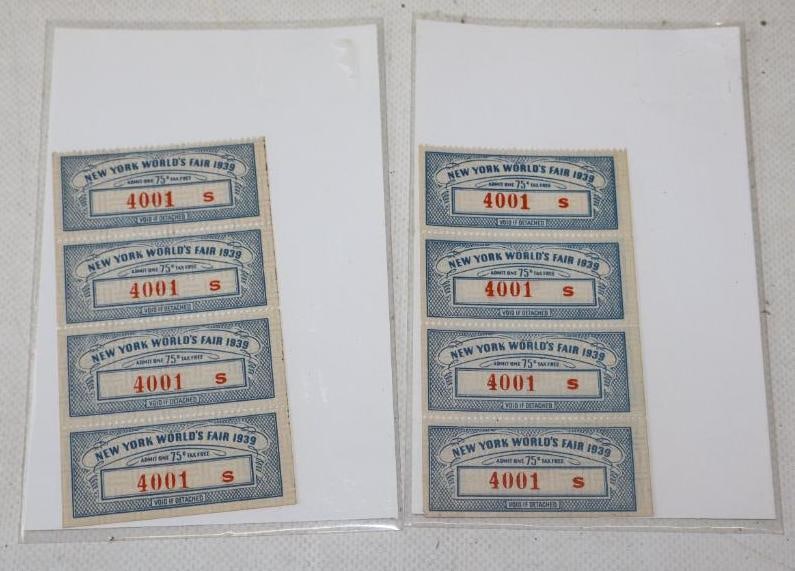 Group of 8 1939 New York Worlds Fair Ride And Game Tickets: 1" x 2.25" each