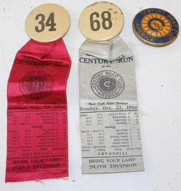 Group of 3 Century Road Club of America 1910's Pin Back Badges: 6.25" x 2" largest