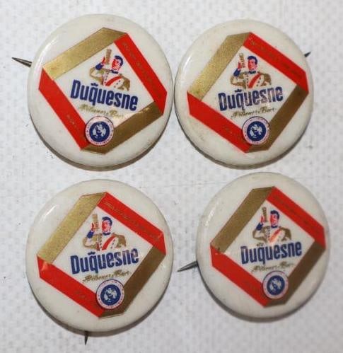 Group of 4 Duquesne Beer Advertising Pin Back Badges: 1" diameter each