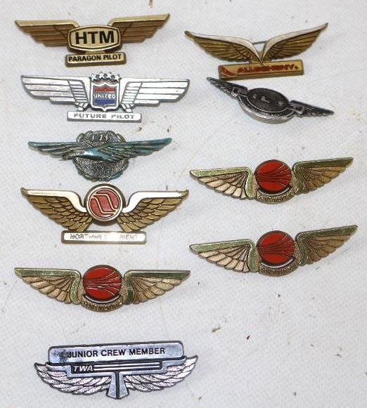 Group of 10 Junior Pilot And Stewardess Pin Back Badges: 2.75" x .75" largest