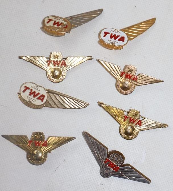 Group of 8 TWA Junior Pilot And Hostess Pin Back Badges: 2" x 1" largest