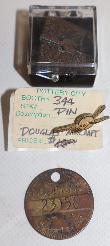 Group of 3 Douglas Pin Back Badges And Brass Tag: 1.25" diameter