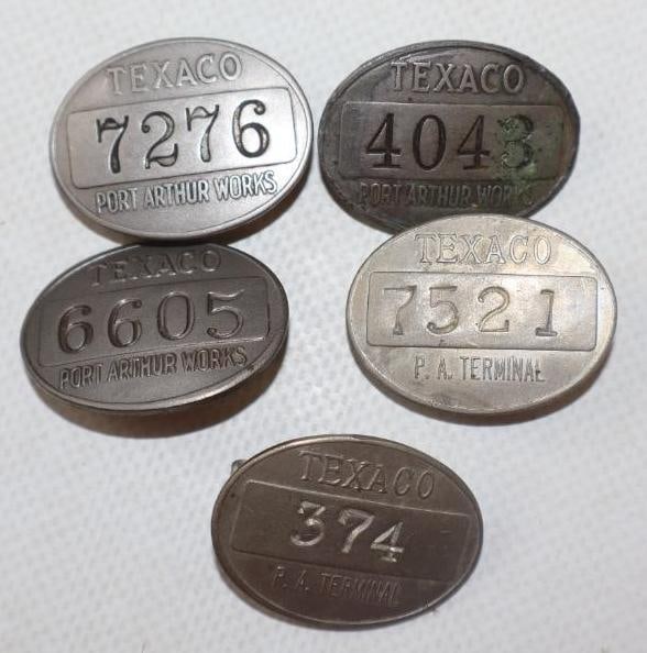 Group of 6 Texaco Port Arthur Employee Pin Back Badges: 1.25" x 1" each