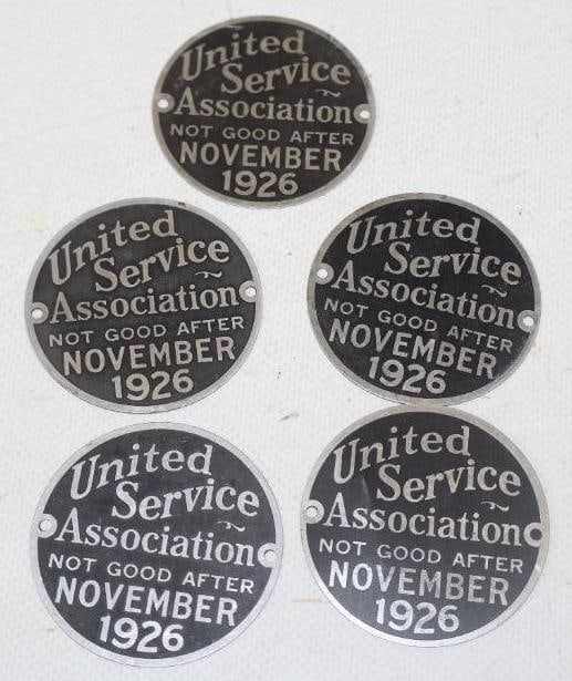Group of 5 1926 United Service Association Expiration Tags: 2" diameter each