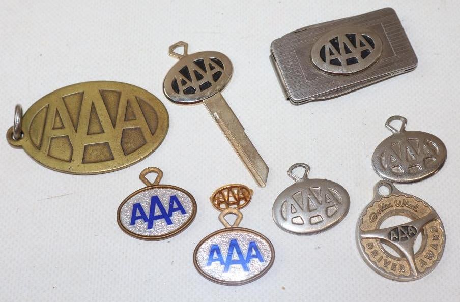 Group of 9 AAA Money Clip, Key Chain, Key And Pin Back Badge (1 of 2)