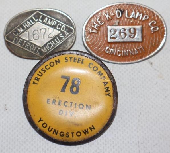 Group of 3 Tucson Steel, K-D Lamp And C.M. Hall Lamp Company Employee Pin Back Badges: 1.75" diameter largest