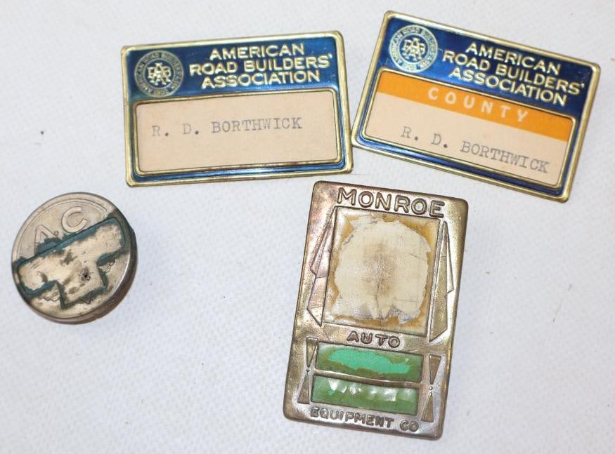 Group of 4 AC, Morow Auto Equipment, And American Road Builders Employee Pin Back Badges: 2.25" x 1.50" each