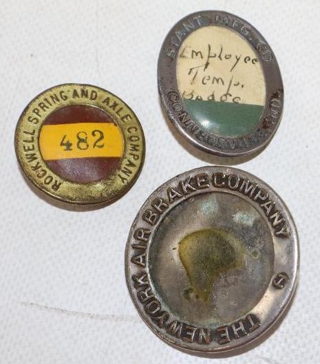Group of 3 Rockwell Spring Stant MFG And New York Airbrake Employee Pin Back Badges: 1.75" diameter largest