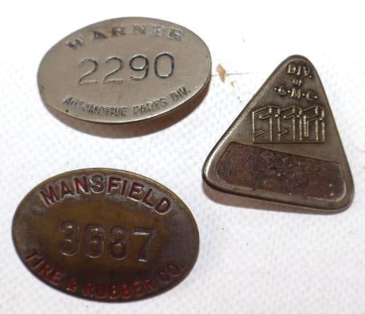 Group of 3 GMC, Mansfield Tire And Warner Automotive Parts Employee Pin Back Badges: 1.50" x 1.25" largest