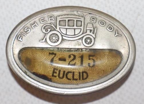 Body By Fisher Embossed Employee Pin Back Badge: 1.75" x 1.25"
