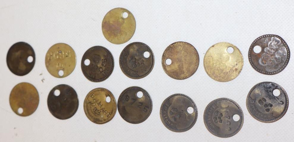 Group of 15 Firestone Tire Brass Tags: 1.25" diameter each