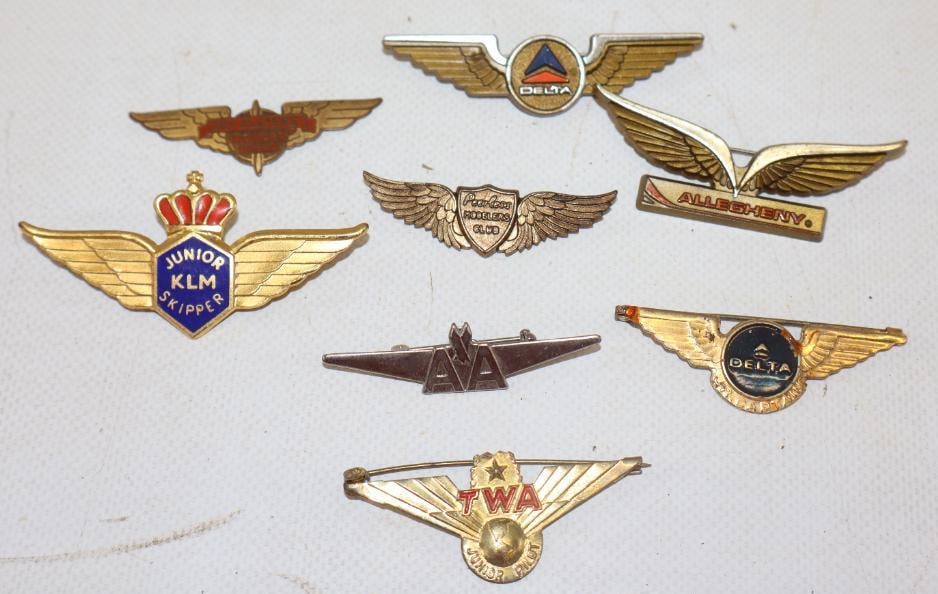 Group of 8 Different Junior Airline Pin Back Badges: 2.50" x 1.25" largest 1 is missing pin back