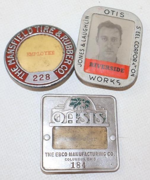 Group of 3 Mansfield Tire Oasis And Otis Steel Corporation Employee Pin Back Badges: 1.75" x 1.75" largest