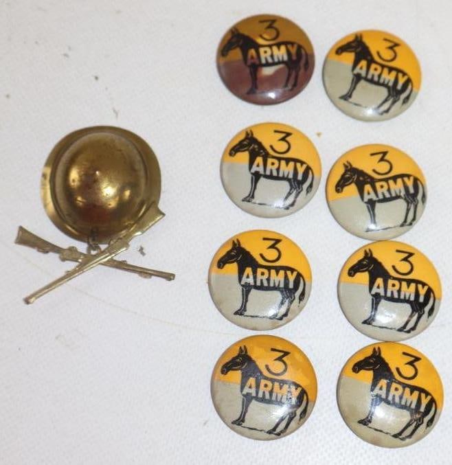 Group of 9 Army Pin Back Badges: 1.50" x 1.75" largest all of the #3 are missing pin backs