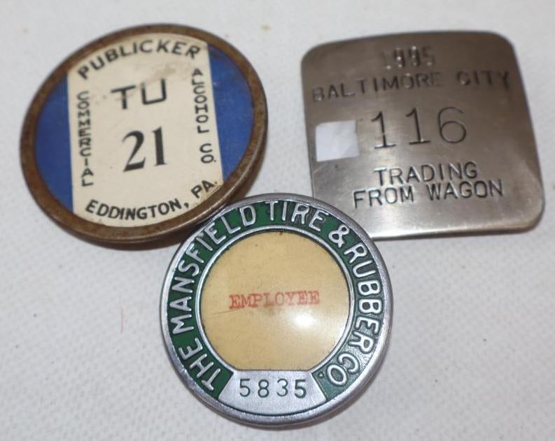 Group of 3 Mansfield Tire Publicker Alcohol, Baltimore City Trading Employee Pin Back Badges: 2" diameter Largest
