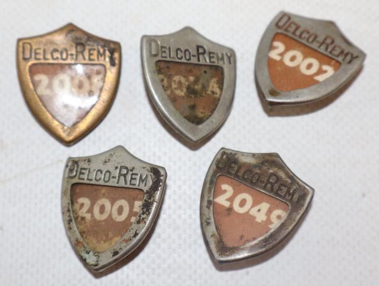 Group of 5 Delco-Remy Employee Pin Back Badges: 1" x 1" each