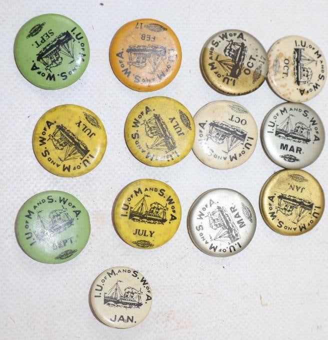 1930-40's Group of 13 Industrial Union of Marine And Shipbuilding Workers of America Union Pin Back: 1" diameter each