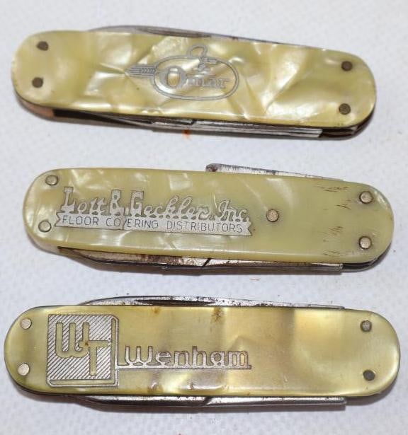 Group of 3 Omar, Wenham And Lott & Geckler Advertising Pocket Knives: 2.75" x.75" x .50" each
