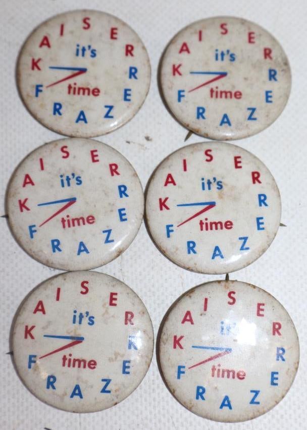 Group of 6 Kaiser Frazer Advertising Pin Back Badges: 1.50" diameter each
