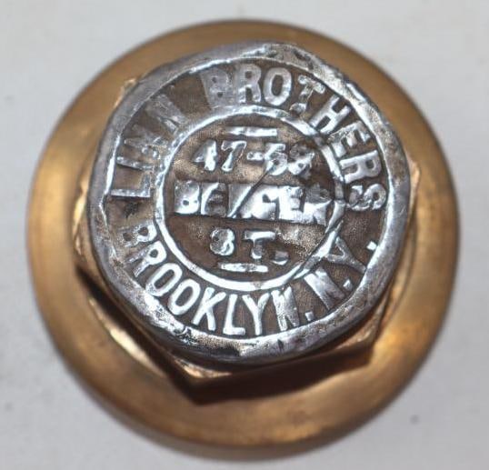 Linn Brothers Brooklyn NY Brass Threaded Carriage Hubcap: 3" diameter