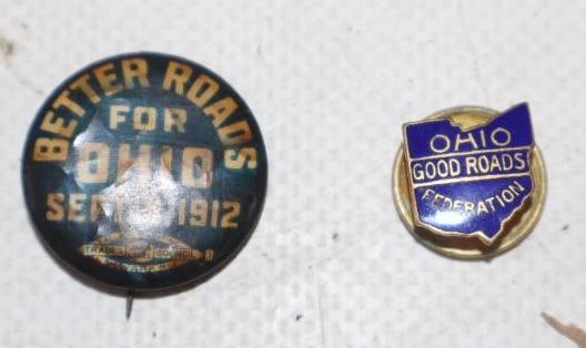 Group of 2 Better Roads For Ohio 1912 Pin Back Badge And Cloisonne Good Roads Ohio Federation Lapel: .75" d diameter largest