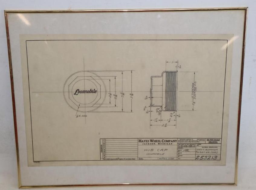 Hayes Wheel Company Locomobile Hubcap Full Size Drawing Schematics: 20" x 16" frame size