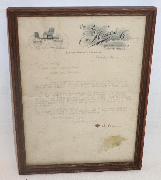 1911 F.A. Ames Pleasure Vehicles And Carriage Signed Framed Letter (1 of 2)