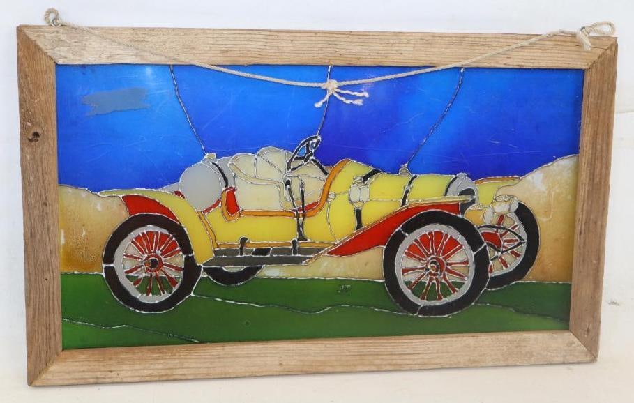 Early Automobile Stained Gass Window in Wooden Frame: 28.50" x 16.50" x 1"