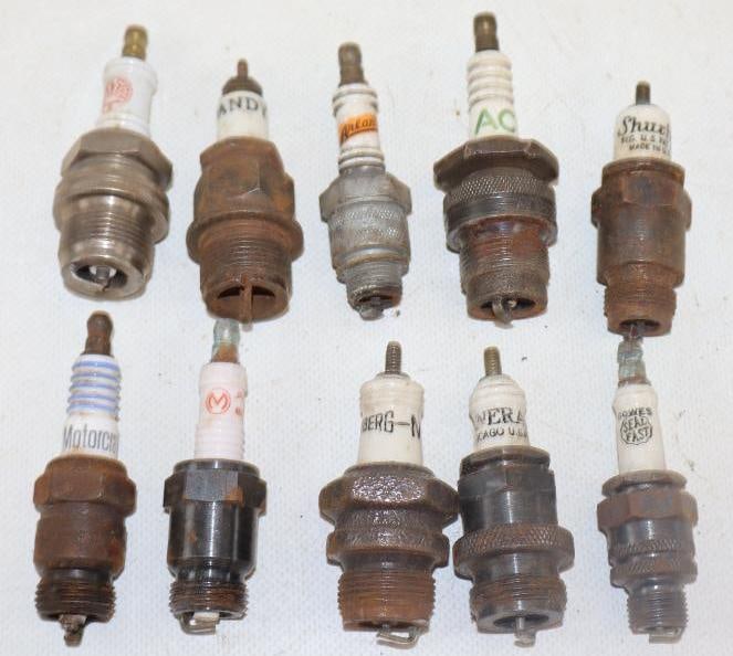 Group of 10 Different Early Automobile Advertising Spark Plugs: 3" longest