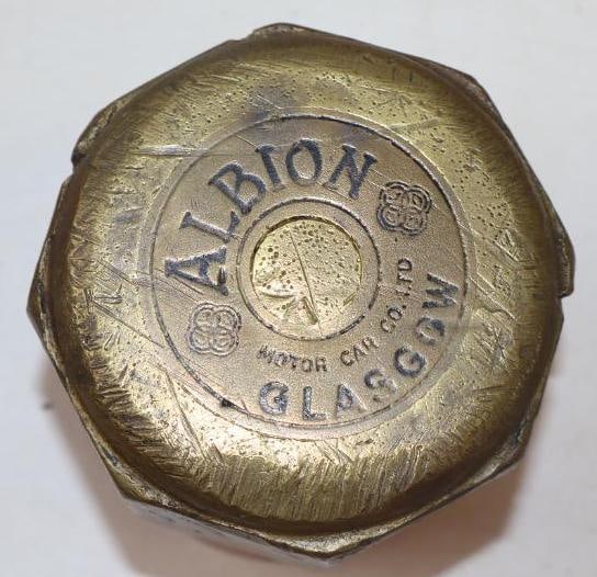 Albion Motor Car Co. Glasgow Brass Threaded Automobile Hubcap: 3.25" diameter
