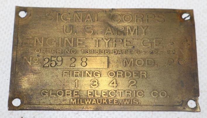 Signal Corps U.S. Army Globe Electric Co. Brass Serial Data Body Tag (1 of 2)
