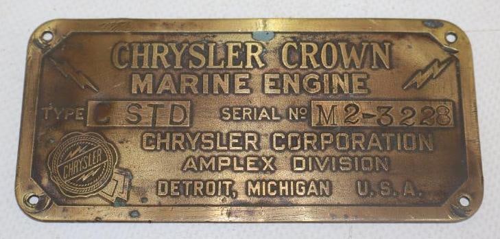 Chrysler Crown Marine Engine Brass Serial Data Tag (1 of 2)