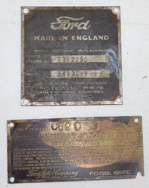 Group of 2 Brass Ford Brass Serial Data Body Tags (1 of 2)